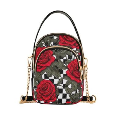 Imagem de Bolsa tiracolo feminina xadrez azul e branca com rosas azuis e brancas na moda, bolsa tiracolo feminina, Rosas vermelhas no tabuleiro xadrez preto e branco 2, One Size