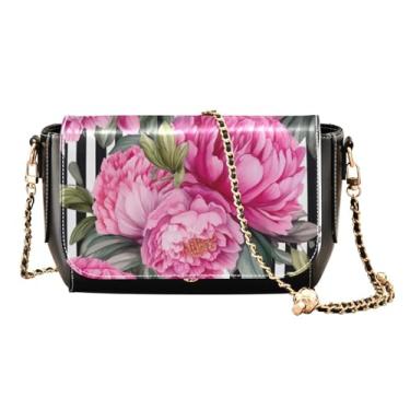 Imagem de Peônias rosa em bolsas de couro listradas transversais para mulheres, alça de bolsa ajustável, bolsa de ombro transversal de couro, Peônias rosa em listras pretas - 4, One Size