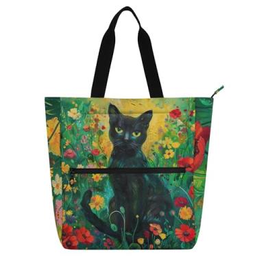 Imagem de GAIGEO Sacola feminina floral preta com flor de gato para trabalho, bolsa escolar com zíper, tecido para presente para amantes de livros