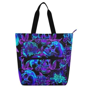 Imagem de Sacola feminina neon azul roxo caveiras flores para trabalho bolsa escolar de lona com zíper bolsas para professores amantes de livros presentes