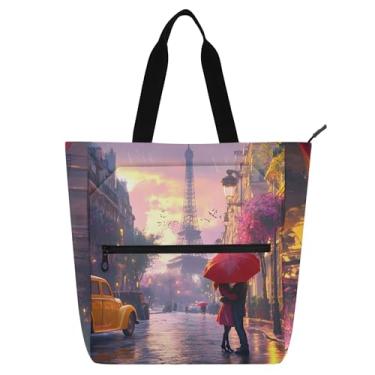 Imagem de GAIGEO Bolsa de trabalho feminina com paisagem de rua da Torre Eiffel, bolsa escolar de lona com zíper, bolsas de professores com compartimentos