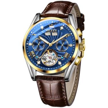 Imagem de OLEVS Relógio masculino de couro esqueleto automático mecânico turbilhão calendário fase da lua luminoso à prova d'água relógio de pulso luxuoso para negócios, 7088: mostrador azul e couro marrom