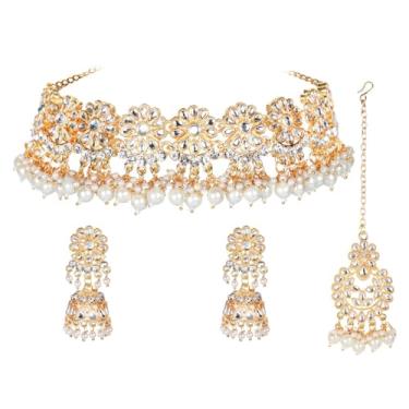 Imagem de Efulgenz Conjuntos de joias indianas para mulheres, gargantilha Kundan de cristal, colar de pérolas falsas, brincos de Jhumka, corrente de cabeça Maang Tikka Bollywood, joias de casamento para