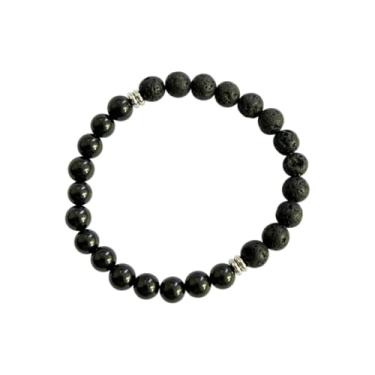 Imagem de Karelian Heritage Pulseira com contas de pedra vulcânica e shungite preta, 8 mm feita à mão para homens, pedras naturais e design elástico elástico para equilíbrio de chakras, joia espiritual de 19 cm