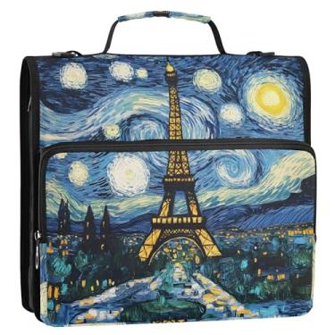 Imagem de Fichário Paris Toalha Eiffel Noite Estrelada com 3 Anéis, Anel D de 3 cm Organizador com Zíper, Bolsa Escolar com Alça de Ombro Suporte para 500 Folhas