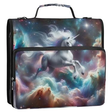 Imagem de Fichários florais de 3,8 cm com 3 anéis resistentes de unicórnio, nebulosa, espaço com zíper, pasta de armazenamento com alça para fichário escolar com alça de ombro