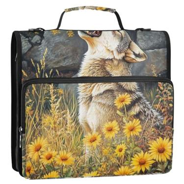 Imagem de Organizador de fichário floral com zíper e filhote de lobo uivo, 3 anéis, bolsa de fichários escolares resistentes com alça de ombro, pasta de armazenamento com alça de ombro e alça