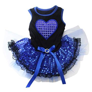 Imagem de Petitebella Vestido de cachorro tutu de renda com lantejoulas azuis coração preto (GG)