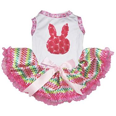 Imagem de Petitebella Vestido floral de algodão branco com rosto de coelho e tutu para cachorro (Tutu de renda Chevron arco-íris, PP)