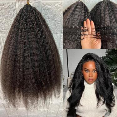 Imagem de Extensão de cabelo humano Kinky Straight Feather Crochet Yaki Wave pré-separado sem nós de crochê micro feixes com laço para tranças boho reutilizáveis 40,6 cm 120 g 100 fios