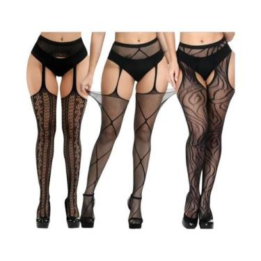 Imagem de Meia-calça Feminina Sexy De Rede Até a Coxa, 3 Peças, Com Padrão Vazad