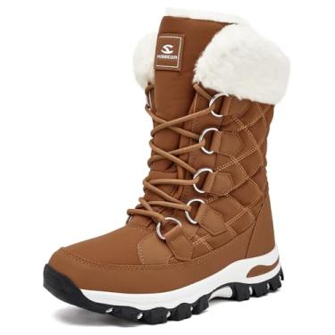 Imagem de HOBIBEAR Botas femininas de inverno, quentes, forradas com pele sintética, botas de neve, para clima frio, para uso ao ar livre, resistente à água, Marrom, 35
