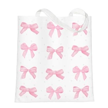 Imagem de OHZOLLAN Bolsa feminina de lona com laço rosa de grande capacidade para compras de supermercado com bolsos internos com zíper