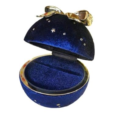 Imagem de Vaveren Caixa de joias portátil, pequena, com laço, forro macio e elegante, ideal para presentes de casamento, pedido de casamento e aniversário, Azul para Anel