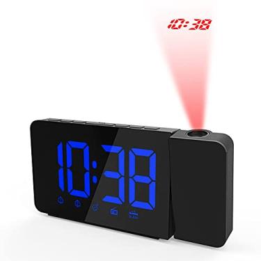 Imagem de Relógio de Alarme com Projeção LED Operado por USB Rádio FM Regulável Brilho Projetor Rotativo Função Dois Alarmes Mesa