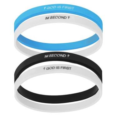 Imagem de Pulseira 4 peças God is first im second: pulseira de silicone com cruz gravada com prioridade de fé para encorajamento diário - lembrete espiritual presentes de batismo