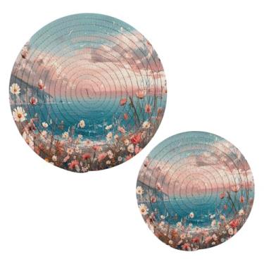 Imagem de Wassud Sea of Flowers Porta-panelas redondas trivets de algodão almofadas quentes porta-copos elegantes decoração de cozinha e acessórios 2 peças