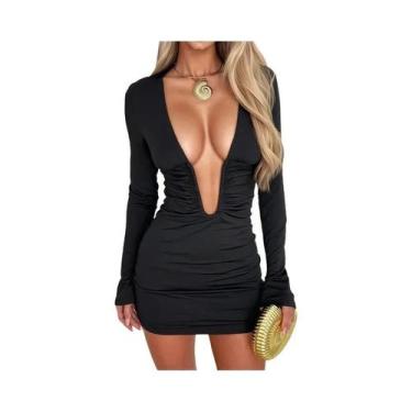 Imagem de Vestido Mini Sexy Feminino Com Decote V Profundo E Mangas Longas, Cint