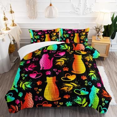 Imagem de XYNHML Jogo de cama kawaii, 3 peças, solteiro, adorável animal de estimação, gato, para crianças, adolescentes, meninas, meninos, adultos, desenho animado, pata, coração, folha de bambu, colcha com 1