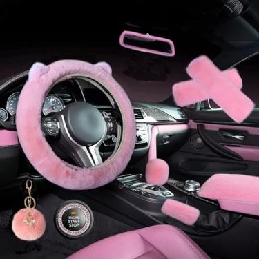 Imagem de ZYNQACC Pacote com 9 acessórios de carro fofos de urso fofo para mulheres e meninas, capa de volante Kawaii felpuda, universal, 38 cm, orelhas fofas, acessórios de carro peludo para interior de carro
