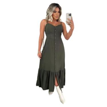 Imagem de Vestido Longo Feminino Botão Na Frente Babado e Alça - W2, Verde musgo