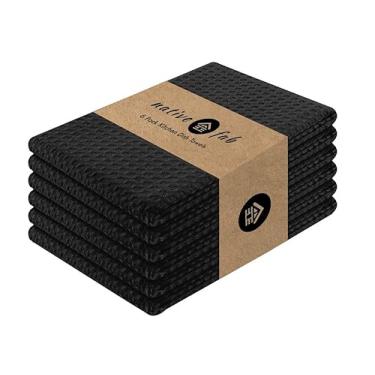 Imagem de Native Fab Toalha de cozinha de algodão com laço para pendurar 40,6 x 66 cm, pacote com 6, toalhas de cozinha de trama waffle para limpeza e secagem, panos de pano macios e absorventes, toalha de bar, pano de prato, preto