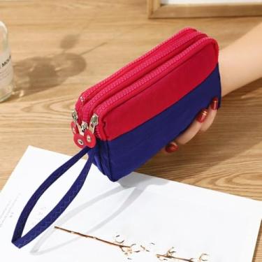 Imagem de Bolsa de pulso de cores contrastantes estilo coreano bolsa de mão simples bolsa de mão criativa nylon três camadas bolsa de moedas ao ar livre, Vermelho rosa, Bolsa para moedas
