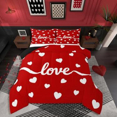 Imagem de Erosebridal Conjunto de edredom para casais, tamanho casal, desenho animado, amor, coração, para quarto romântico, dia dos namorados, branco, vermelho, geométrico, edredom