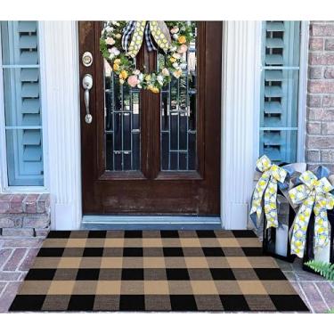 Imagem de Capacho em camadas cáqui e preto 70 x 109 cm xadrez búfalo xadrez xadrez tapete de varanda de algodão lavável tapete de camada para porta de boas-vindas tapete entrada sala de jantar quarto sala de