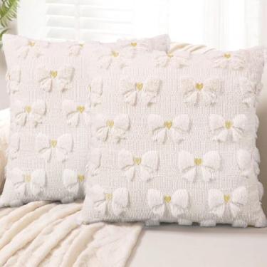 Imagem de Adabana Conjunto de 2 capas de almofada com laço branco creme, decoração de dia dos namorados, fronha com laços fofos, 45,7 x 45,7 cm para cama de menina sofá sala de estar, bege e dourado