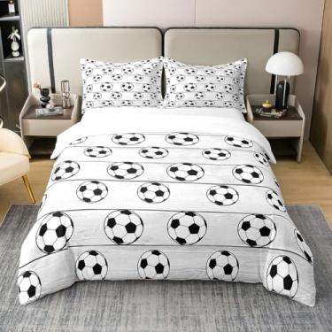Imagem de Jogo de cama de futebol 100% algodão natural, capa de edredom com estampa de bola branca nas costas, 3 peças para decoração de quarto de meninos, capa de edredom de jogo de futebol esportivo, capa de