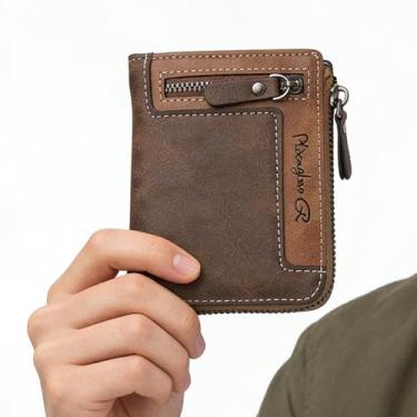Imagem de Carteira masculina dobrável de poliuretano, porta-cartões compacto com zíper, marrom