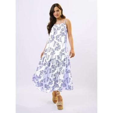 Imagem de Vestido Longo de Linho Off White e Azul Solto com Bolsos-Feminino