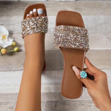Imagem de Sandálias de lantejoulas planas de cabeça quadrada, casual, chinelos femininos, Marrom, 37