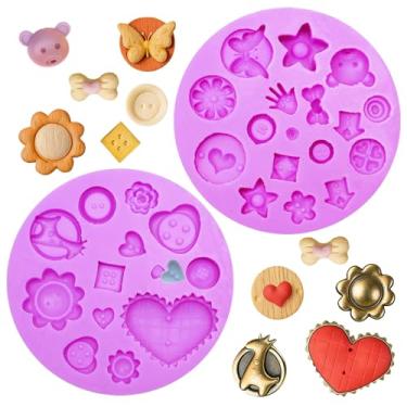 Imagem de Moldes de resina de silicone com botão, pacote com 2 moldes de fondant de coração de flor roxa, para fundição de joias faça você mesmo, polímero, artesanato, chocolate, açúcar, várias cavidades