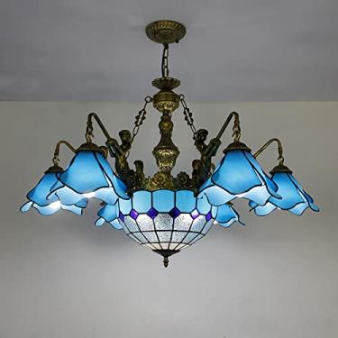 Imagem de Lustre estilo Tiffany, luminária pendente vintage de vitral, altura ajustável, lâmpada de teto LED E27 para decoração de sala de estar, quarto e sala de jantar, azul, 6 luzes.