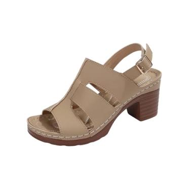 Imagem de Sandálias femininas de uma tira com bico redondo e salto grosso, um design versátil para conforto casual, Caqui, 35