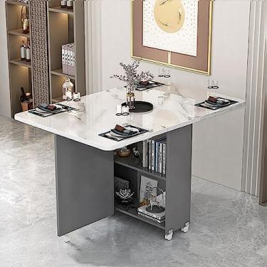 Imagem de Mesa de jantar móvel dobrável, mesa de jantar versátil com 6/8 rodas e 2 prateleiras de armazenamento, mesa de folhas suspensas para mesa de jantar com economia de espaço pequeno para cozinha, sala de