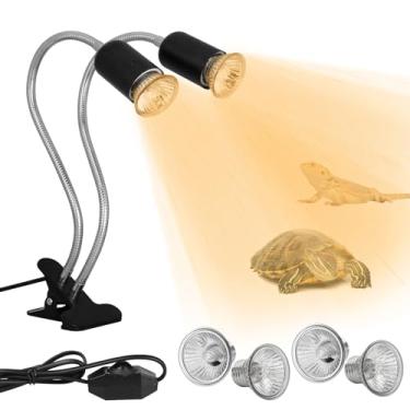 Imagem de Lâmpada de calor de réptil de cabeça dupla com lâmpada UVA UVB (2 peças de 25 W + 2 peças de 50 W), luz solar simulada, luz solar simulada, lâmpada de aquecimento regulável com rotação de 360° para