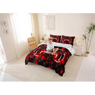 Imagem de Manfei Jogo de capa de edredom infantil tamanho casal, gamepad pixelado mineiros patchwork meninas meninos, decoração de quarto geométrico, luzes neon, capa de colcha vermelha preta, 2 fronhas (sem