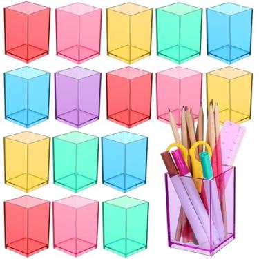 Imagem de LIUBUJINGYING Pacote com 18 porta-canetas de acrílico transparente, copo colorido, porta-pincéis de maquiagem, copo de lápis, organizador de lápis quadrado para acessórios de mesa, dormitório, casa