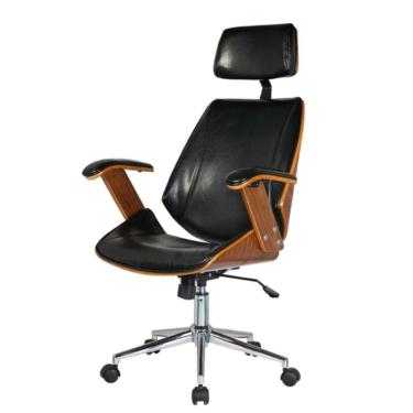 Imagem de Cadeira Giratória Lisboa Bergen Rivatti C/ Encosto De Cabeça Madeira Laminada Pu Preto Base Rodízio