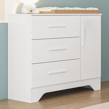 Imagem de Cômoda Infantil Popy Retrô Plus 1 Porta E 3 Gavetas Branco Brilho - Móveis Peroba