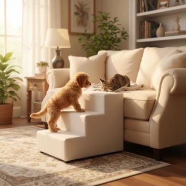 Imagem de Escada Colorida Estofada para Pets com 3 degraus - Sami Comfort, Bege