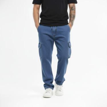 Imagem de Calça cargo jeans larga bolsos lateral - Mitchelgutto, Jeans escuro, P