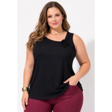 Imagem de Regata Plus Size Canelada com Flor 3D e Gola Assimétrica Cor:PretoTama