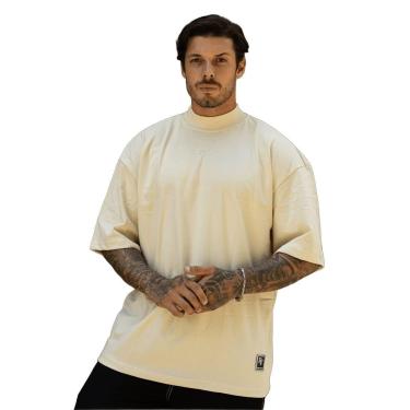 Imagem de Camiseta Oversized Gola Alta Aplique Assinatura Streetwear Confortavel Masculina Creme-Masculino