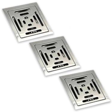 Imagem de Ralo Inox 10X10 Anti Odor Kit 3 Uni Anti Retorno Varanda Lavabo Banheiro Insetos Removivel Alta Vazao