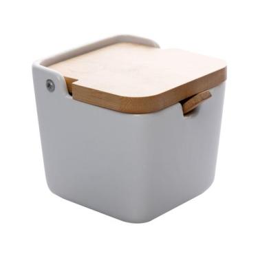 Imagem de SALEIRO DE MESA DE CERAMICA C/TAMPA DE BAMBU E COLHER BIANCO 10cm - LY