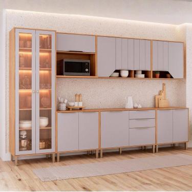 Imagem de Cozinha Modulada 7 Peças com 1 Cristaleira 3 Balcões e 3 Armários Aéreos Celeste Cinamo...